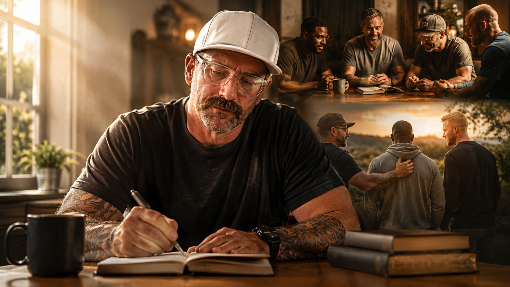 A man journaling in the morning while brothers gather and pray