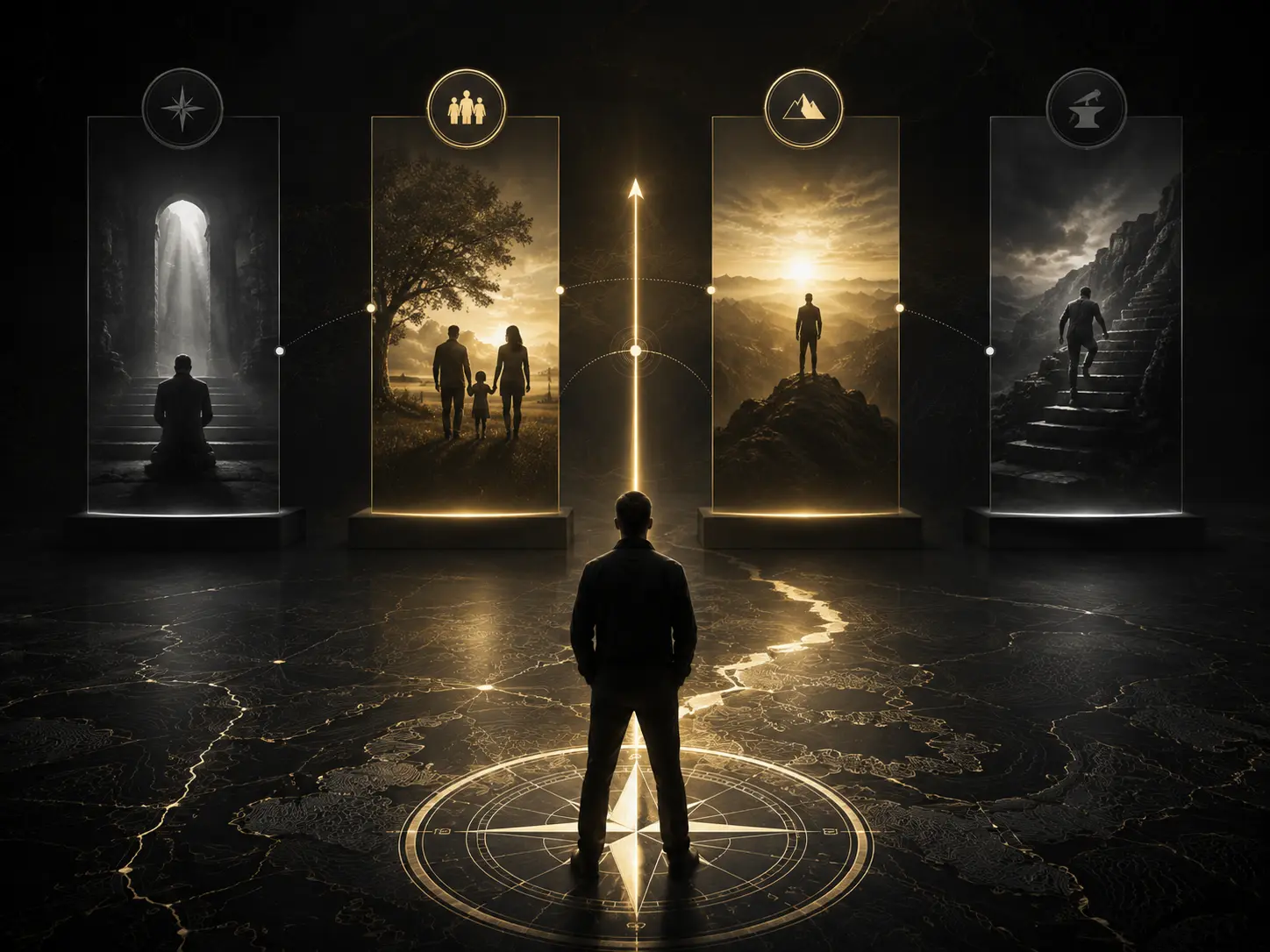 A man standing before doors for faith, marriage, body and calling